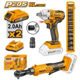 SUPER COMBO LLAVE DE IMPACTO 20V + SET DADOS + LLAVE CRIQUE 20V INGCO COSLI23066