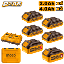 SET X 6 BATERIAS 20V P20S (4X2AH 2X4AH) + CARGADOR DOBLE + VALIJA INGCO COSLI230701