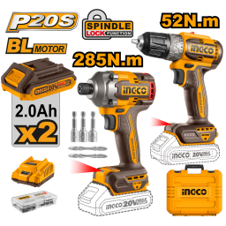 SET ATORNILLADOR DE IMPACTO A BATERIA 20V 285NM + ATORNILLADOR 20V 52NM C 2 BAT CARGADOR + VALIJA INGCO P20S CKLI20272