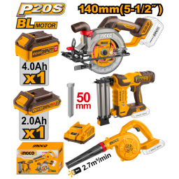 COMBO SIERRA CIRCULAR A BATERIA 140MM 20V P20S BRUSHLESS + CLAVADORA A BATERIA PARA MADERA 50MM 20V P20S BRUSHLESS + SOP