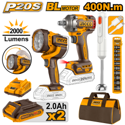 SET LLAVE DE IMPACTO 400NM 20V BATERIA P20S + LINTERNA 2000LM + MIXER  C BAT Y BOLSO INGCO COSLI240961