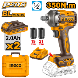 LLAVE DE IMPACTO A BATERIA 350NM 20V P20S 1/2" BRUSHLESS MOTOR  CON 2 BAT + CARGADOR + SET DADOS + VALIJA INGCO CIWLI203