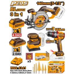 KIT COMBO A BATERIA P20S 20V SIERRA CIRCULAR + TALADRO ATORNILLADOR CPERCUTOR + LIJADORA C2 BATERIAS, CARGADOR Y ACCES
