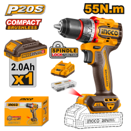 TALADRO ATORNILLADOR A BATERA 20V P20S BRUSHLESS 55NM CBATERA, CARGADOR Y ACCESORIOS INGCO CDLI205582