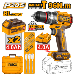 TALADRO ATORNILLADOR PERCUTOR A BATERA 20V P20S BRUSHLESS 96NM C2BAT, CARGADOR, VALIJA Y ACCESORIOS INGCO CIDLI20968
