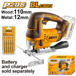 SIERRA CALADORA A BATERA BRUSHLESS 20V P20S + SET 5 HOJAS SIERRA SBAT Y SCARGADOR INGCO CJSLI1008