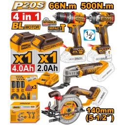 KIT A BATERIA P20S 20V 4 PIEZAS BRUSHLESS MOTOR C2BAT, CARGADOR Y ACCESORIOS INGCO COSLI241169