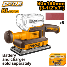 LIJADORA ORBITAL A BATER�A BRUSHLESS MOTOR 20V P20S + 5 LIJAS, SBAT, SCARGADOR INGCO CFSLI2031