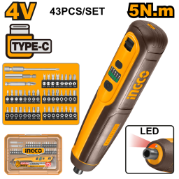 ATORNILLADOR A BATERA 5NM 4V C/ SET 44PCS + VALIJA, CARGA TIPO-C (S/CABLE) INGCO CSDLI04062