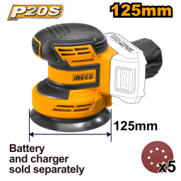 LIJADORA ROTO ORBITAL DE PALMA A BATERIA LITIO 20 VOLT INGCO CROSLI2001 LINEA P20S CON 5 LIJAS
