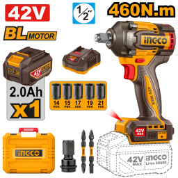 LLAVE DE IMPACTO A BATERIA 42V BRUSHLESS 460NM 1/2" C/BAT, CARGADOR, ACCESORIOS + VALIJA INGCO CIWLI42461