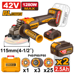 AMOLADORA ANGULAR A BATERIA BRUSHLESS 42V 115MM C/ACCESORIOS + 2 BAT 2.5AH + CARGADOR + VALIJA INGCO CAGLI4128112