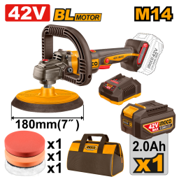 LUSTRA PULIDORA A BATERIA 42V BRUSHLESS 180MM M14 C/ACCESORIOS + BATERIA 2.0AH + CARGADOR + BOLSO INGCO APLI42181