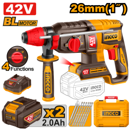 ROTOMARTILLO A BATERIA 42V BRUSHLESS SDS PLUS 2.5J + 6 MECHAS + 2 CINCEL + 2 BAT 2.0AH + CARGADOR + VALIJA INGCO CRHLI42