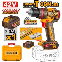 TALADRO ATORN. C/PERCUTOR A BATERIA 42V 69NM BRUSHLESS C/ BATERIA + CARGADOR + VALIJA + ACCESORIOS INGCO CIDLI426981
