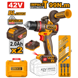 TALADRO ATORN. C/PERCUTOR A BATERIA 42V 99NM BRUSHLESS C/2 BAT 2.0AH  + CARGADOR + ACCESORIOS + VALIJA INGCO CIDLI429982