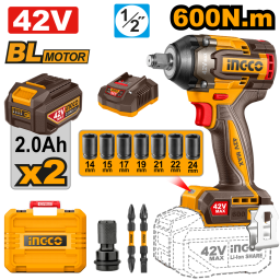 LLAVE DE IMPACTO A BATERIA 42V BRUSHLESS 600NM 1/2" C/ 2 BAT 2.0AH, CARGADOR, ACCESORIOS + VALIJA INGCO CIWLI42602
