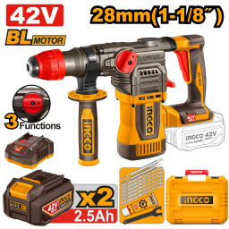 ROTOMARTILLO A BATERIA 42V 28MM 1-1/8" BRUSHLESS SDS PLUS 4.5J C/ 2 BAT 2.5AH + CARGADOR + ACCESORIOS + VALIJA INGCO CRH
