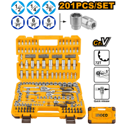 SET X201 PCS JUEGO DADOS 14, 38 Y 12 + ACCESORIOS + VALIJA INGCO HKTS082016